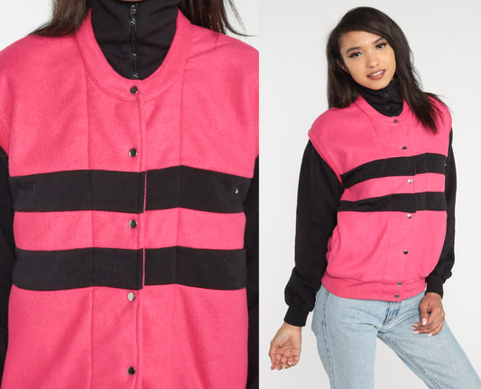 80s Striped Color Block Jacket Hot Pink Black Snap Front Medium
