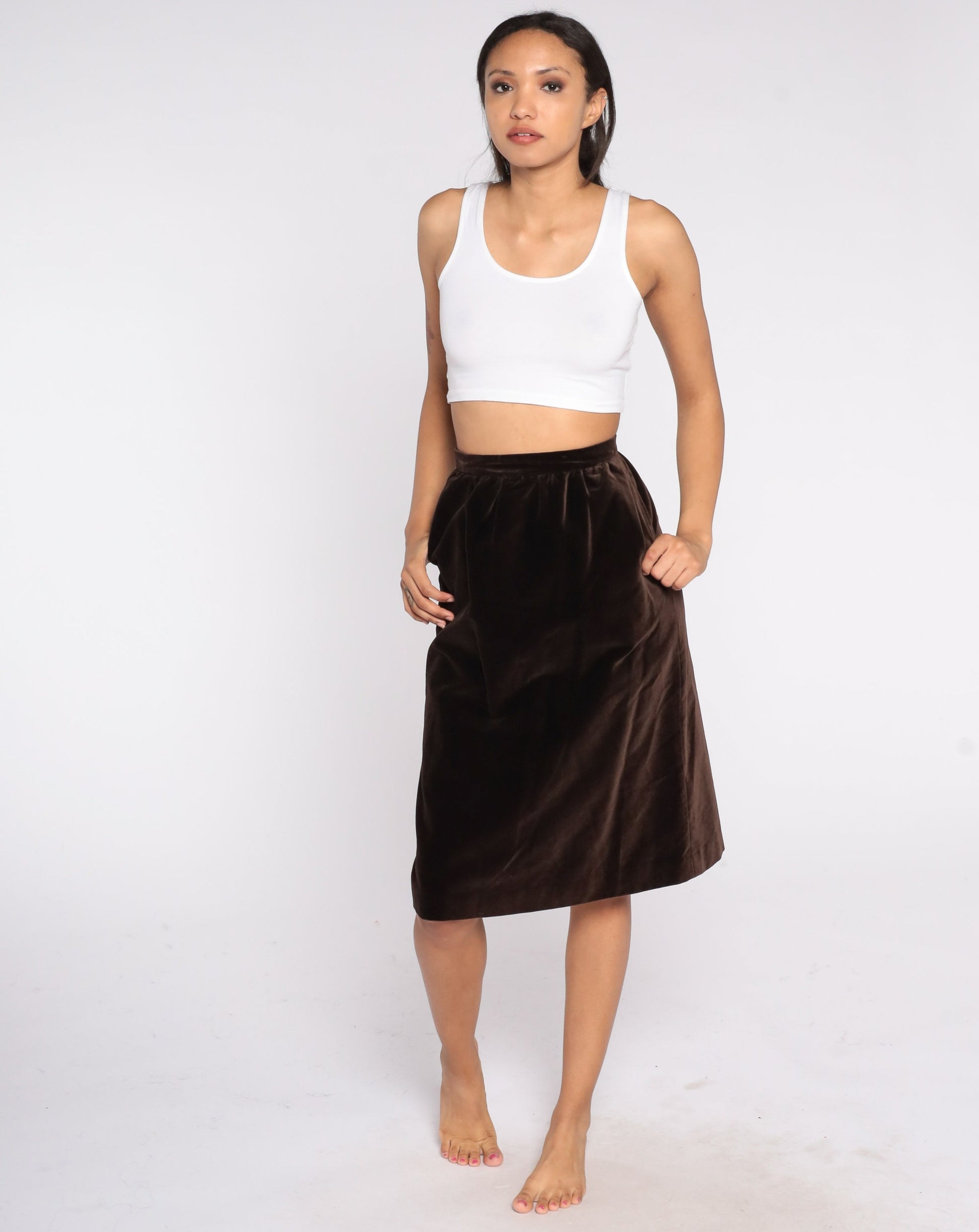 90s Brown Velvet Pencil Skirt High Waisted Midi Extra Small