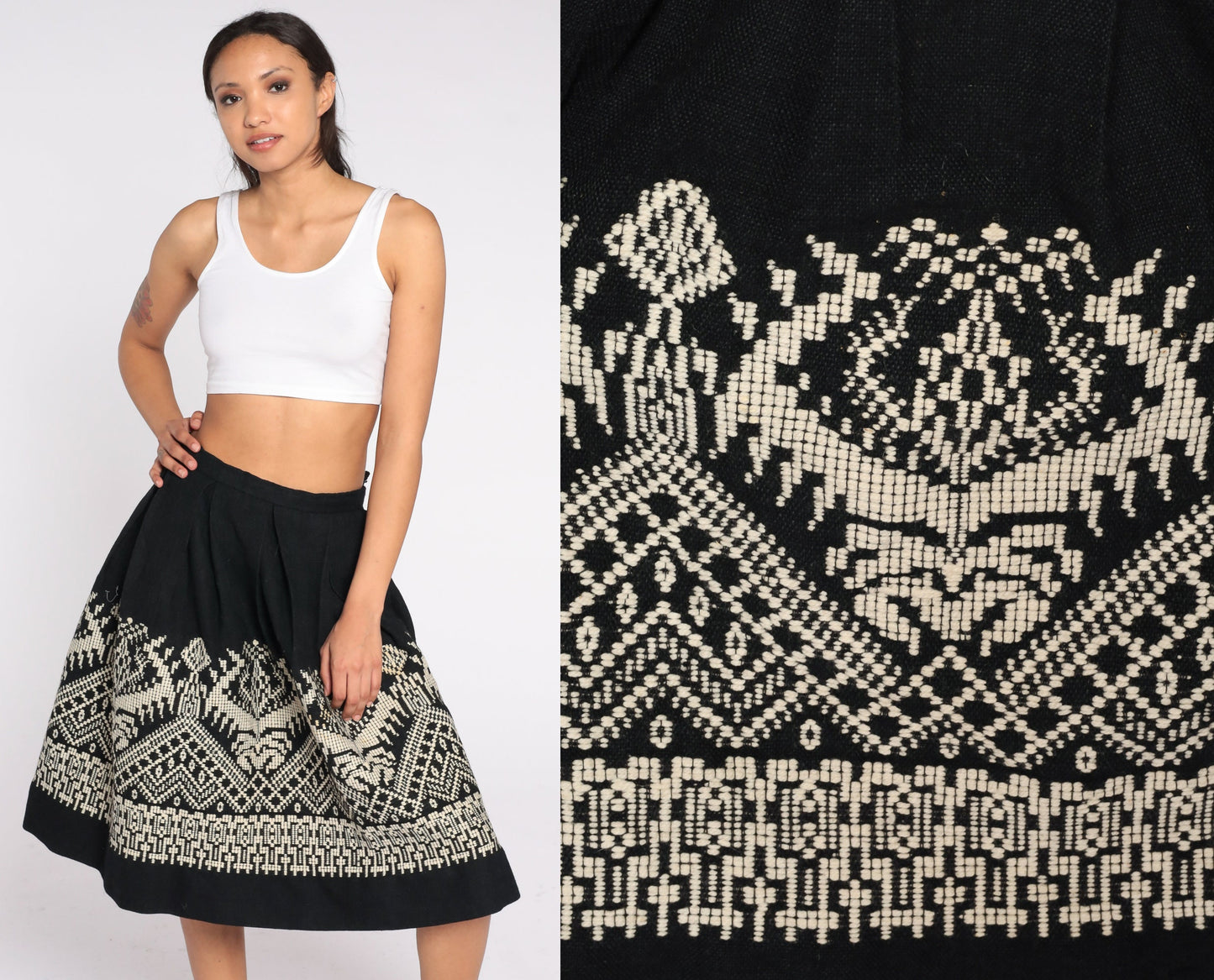 60s Black Pleated Midi Skirt High Waist Geometric White Embroidery Wool Small