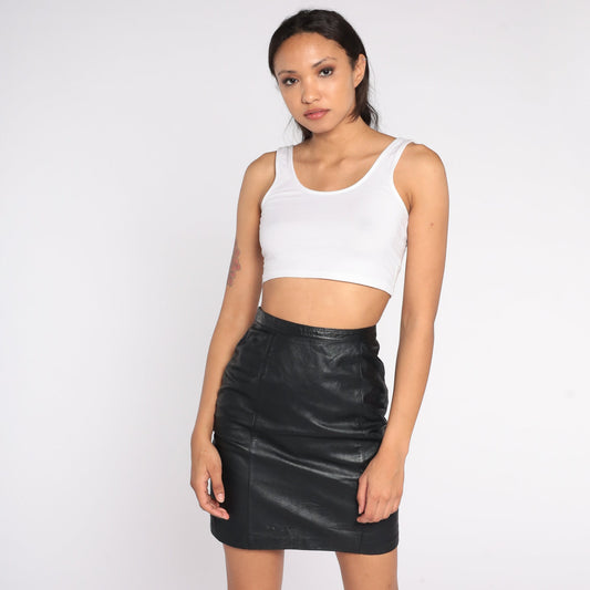 90s Black Leather Mini Skirt High Waist Pencil Bodycon Extra Small XS