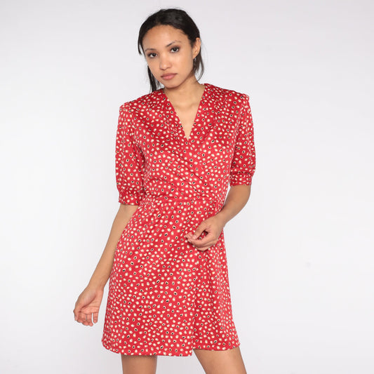 70s Red Abstract Dot Print Mini Dress High Waist V Neck Short Sleeve Medium M