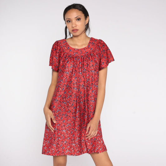 80s Red Floral Mini Shift Dress Short Sleeve Tent Cut Medium Large