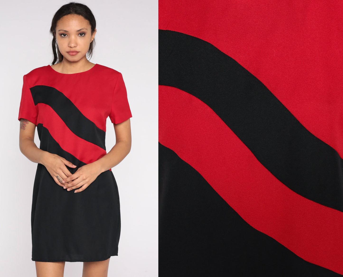 80s Color Block Pencil Dress Black Red Striped Mini Sheath Large L