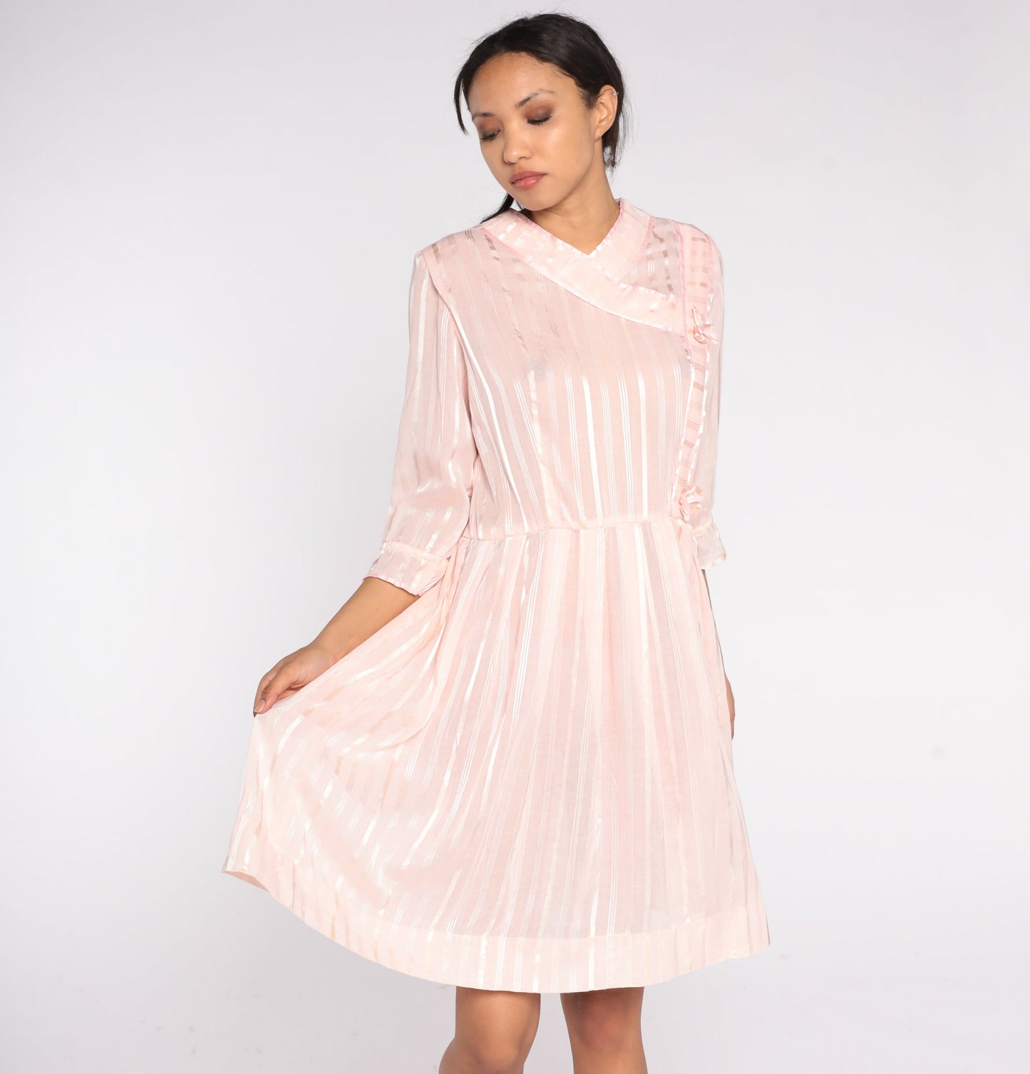 70s Baby Pink Striped Mini Dress High Waist Pleated Rosette Detail Medium Large