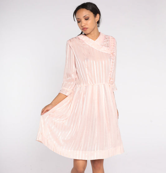 70s Baby Pink Striped Mini Dress High Waist Pleated Rosette Detail Medium Large