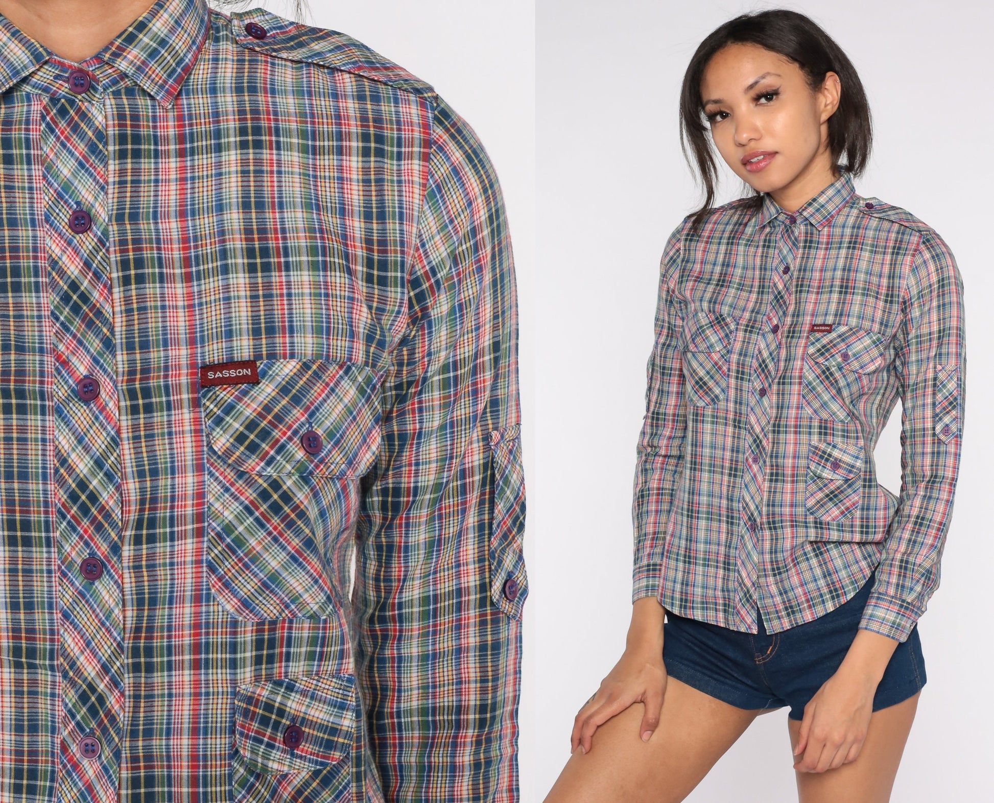 80s Sasson Plaid Button-Up Blouse Blue Red Green Epaulette Extra Small