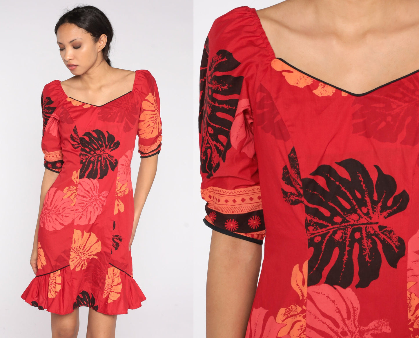 80s Hawaiian Red Tropical Leaf Mini Dress Ruffled Sheath Puff Sleeve Small
