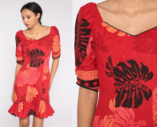 80s Hawaiian Red Tropical Leaf Mini Dress Ruffled Sheath Puff Sleeve Small