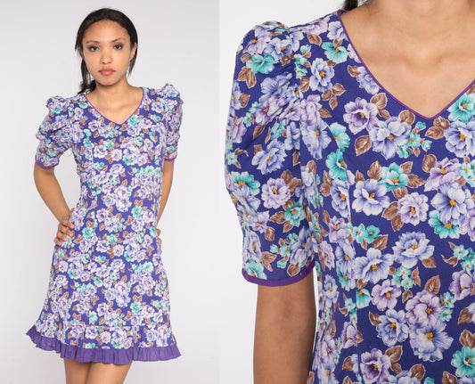 80s Purple Floral Mini Dress Puff Sleeve Shift Cotton Size 7