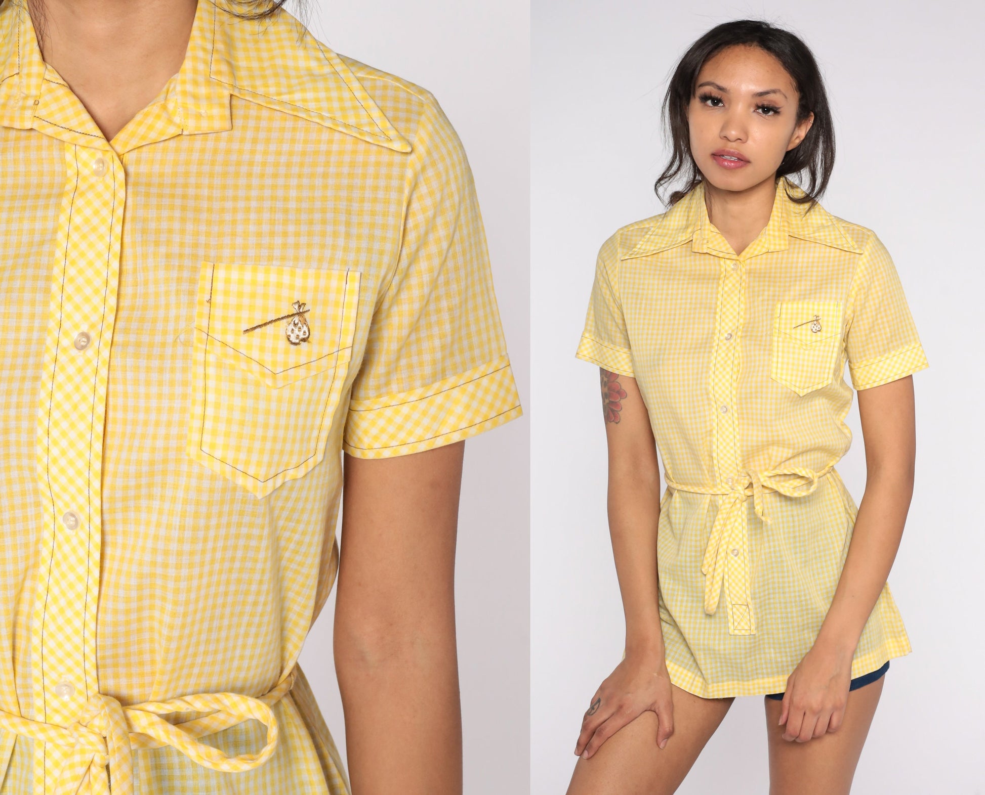 70s Yellow Gingham Embroidered Hobo Bindle Button-Up Shirt Small
