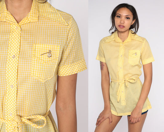 70s Yellow Gingham Embroidered Hobo Bindle Button-Up Shirt Small
