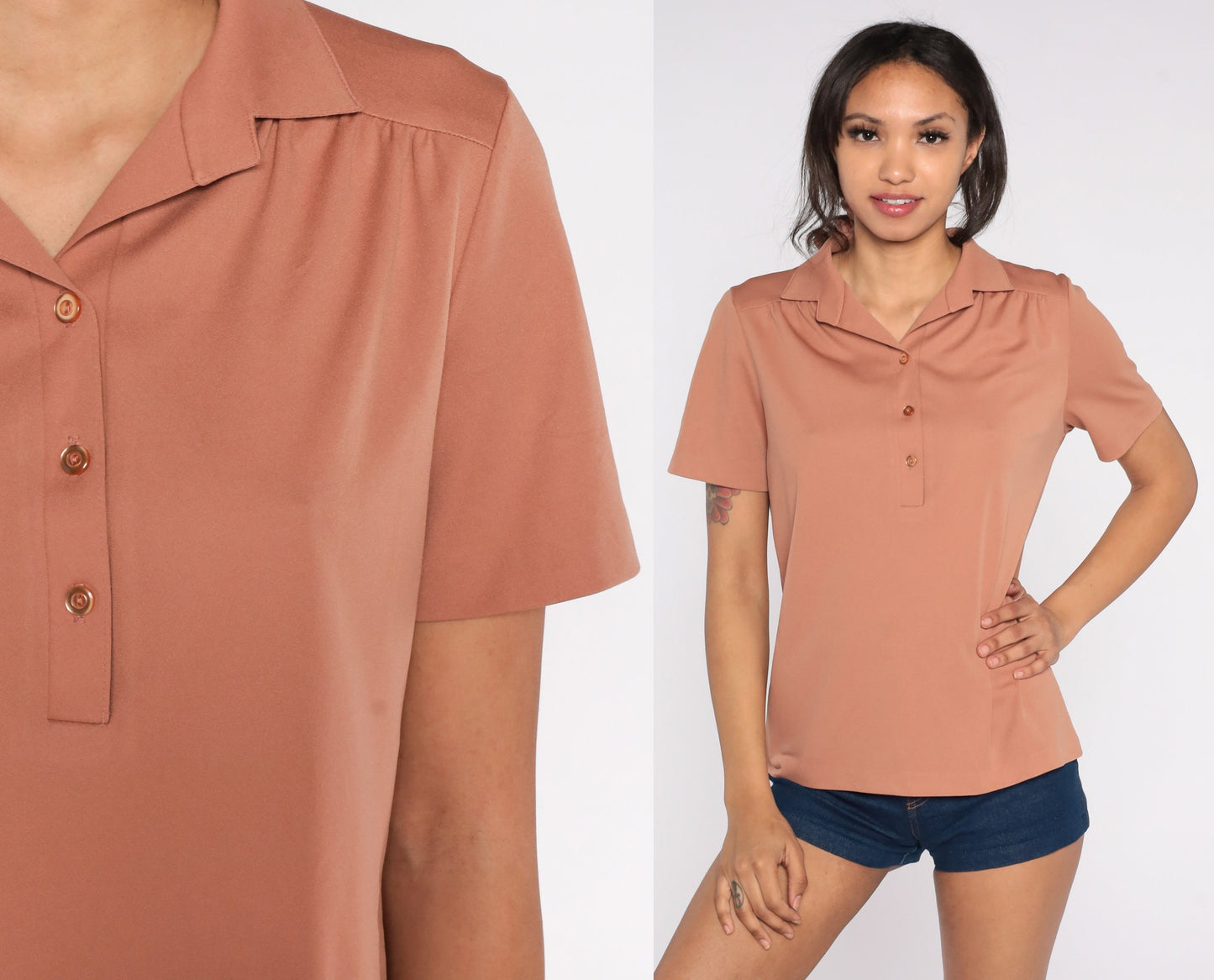 70s Terracotta Polo Blouse Collared Short Sleeve Shirt Medium