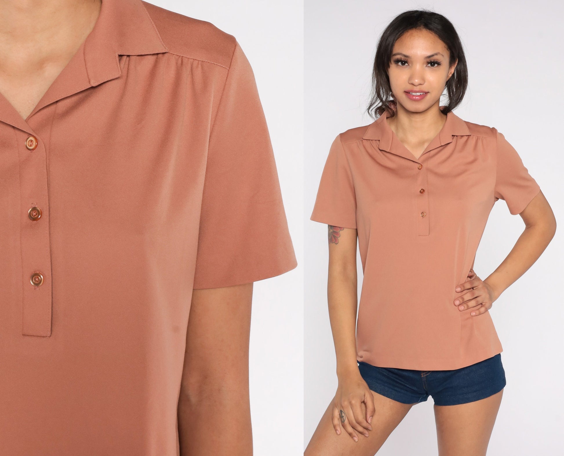 70s Terracotta Polo Blouse Collared Short Sleeve Shirt Medium