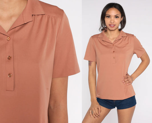 70s Terracotta Polo Blouse Collared Short Sleeve Shirt Medium