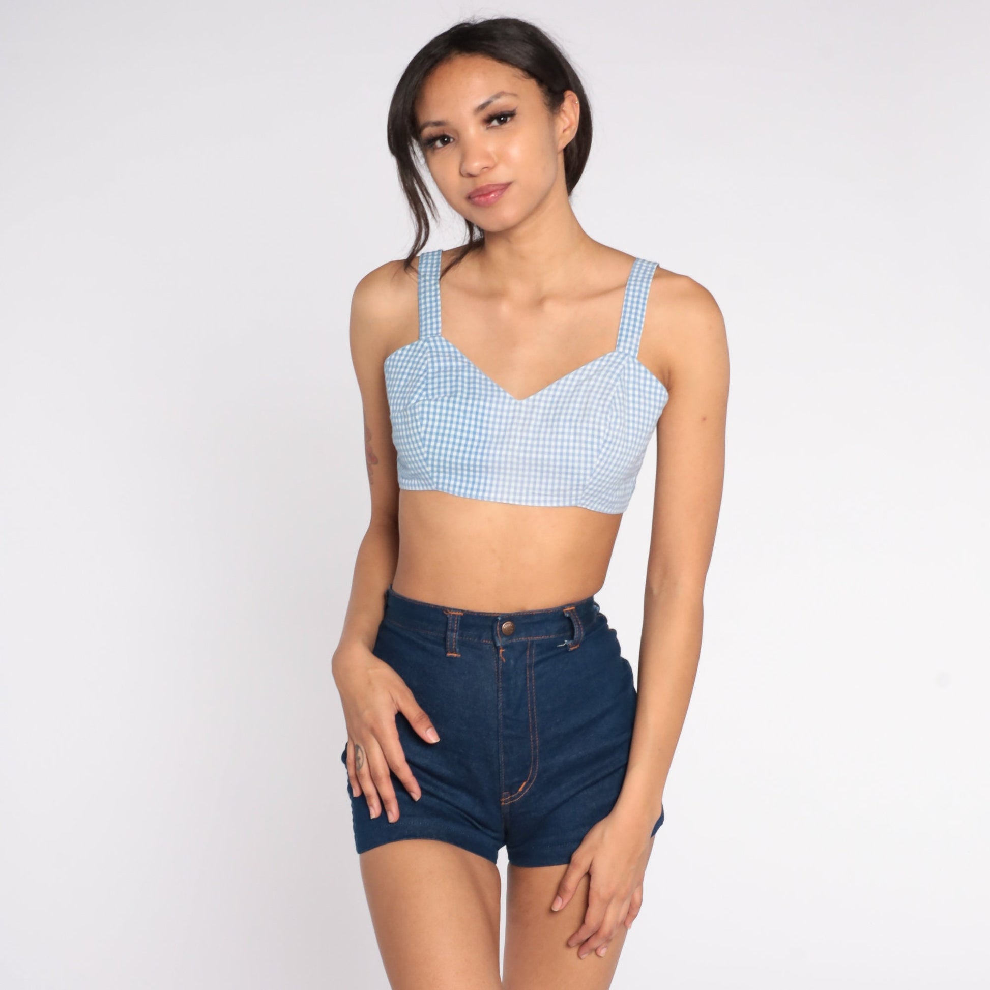 60s Blue Gingham Crop Tank Top Checkered Sleeveless Small