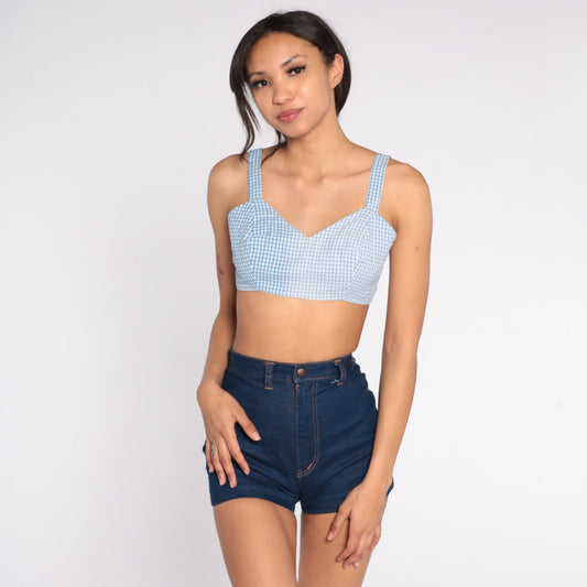 60s Blue Gingham Crop Tank Top Checkered Sleeveless Small