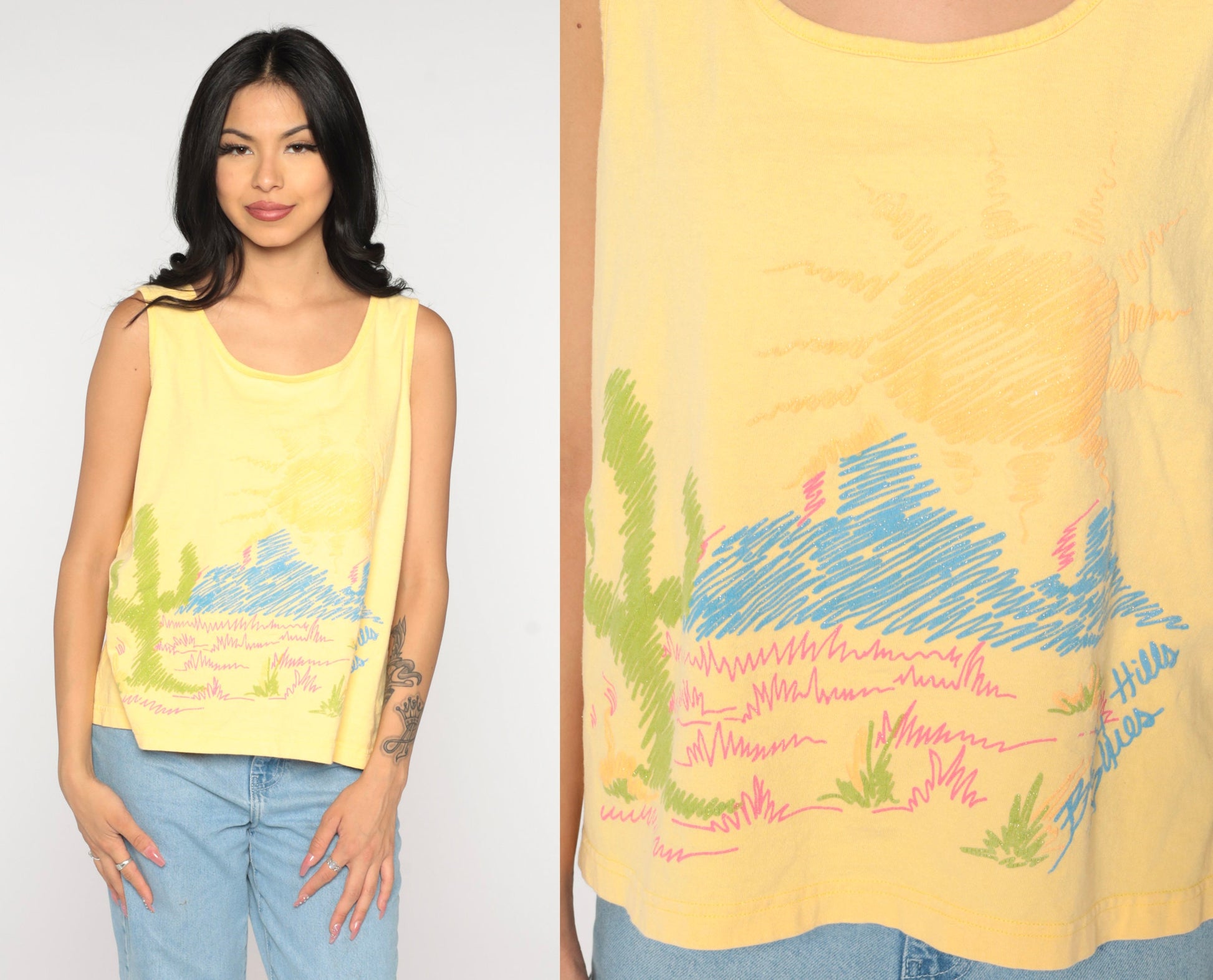 90s Beverly Hills Blues Desert Tank Top Yellow Graphic Cactus Medium