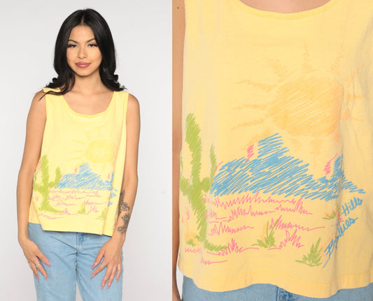 90s Beverly Hills Blues Desert Tank Top Yellow Graphic Cactus Medium