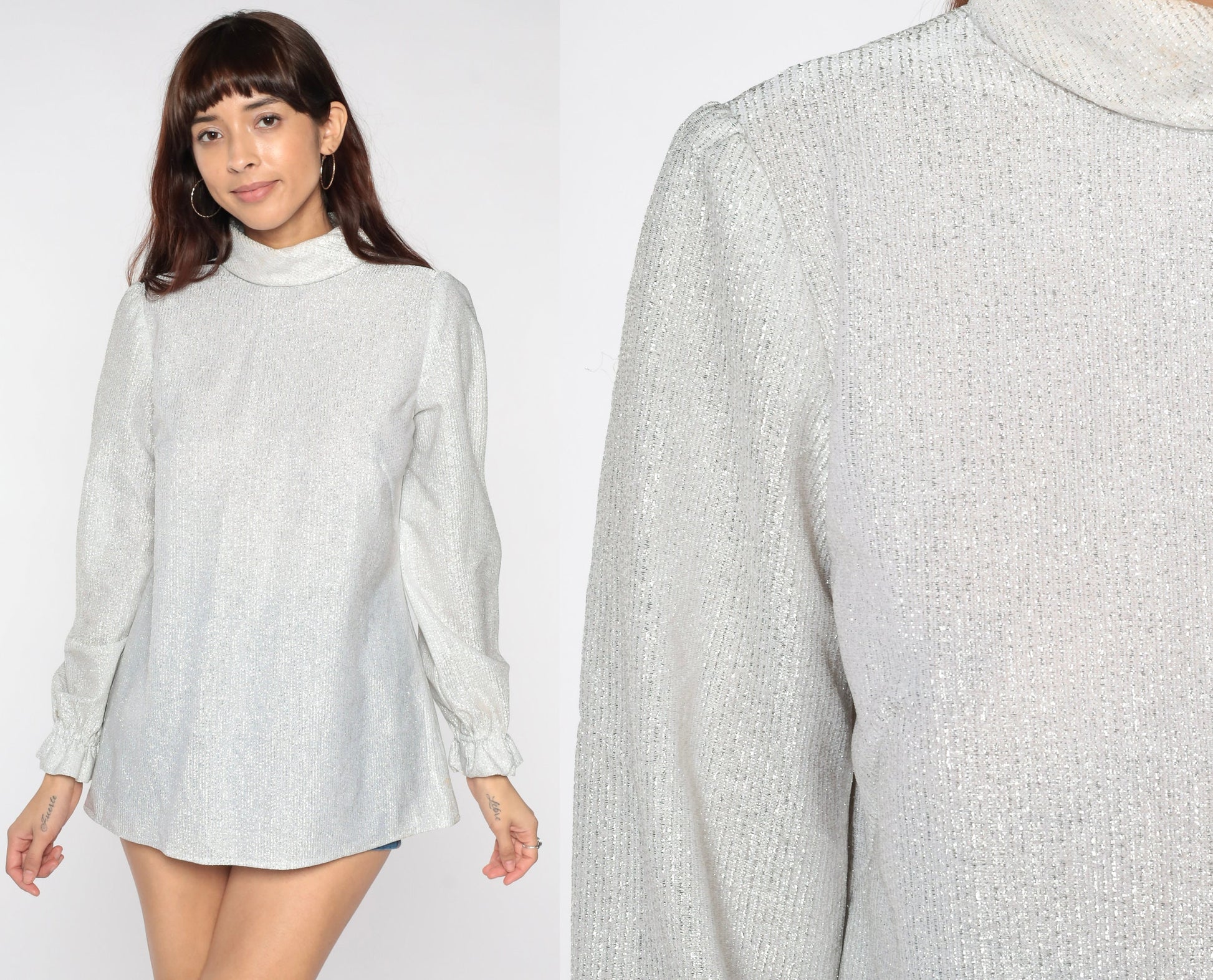 70s Silver Metallic Turtleneck Puff Sleeve Blouse Small