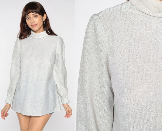 70s Silver Metallic Turtleneck Puff Sleeve Blouse Small
