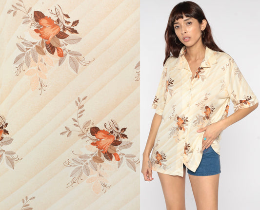 70s Gilda California Floral Leaf Print Button Up Blouse Cream Short Sleeve Extra Large