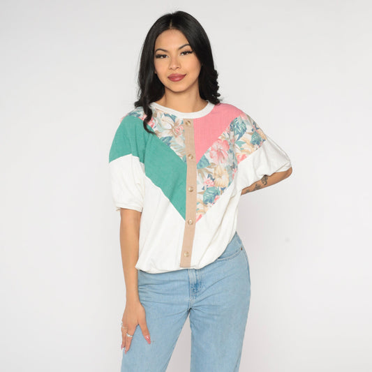 90s Colorblock Floral Striped Cotton T-Shirt White Banded Hem Medium M