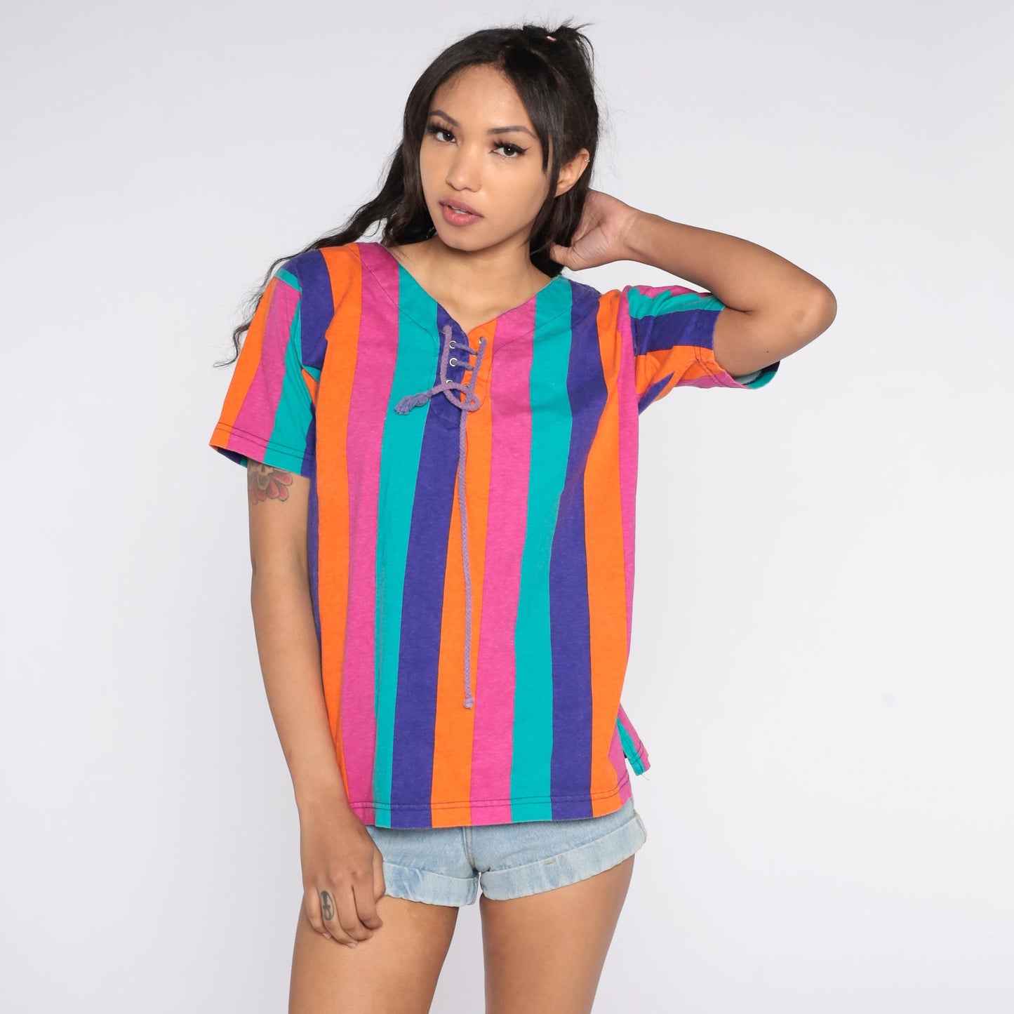 90s Striped Cotton Blouse Lace-Up V-Neck Short Sleeve Pink Orange Blue Purple Medium