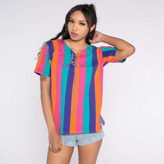 90s Striped Cotton Blouse Lace-Up V-Neck Short Sleeve Pink Orange Blue Purple Medium
