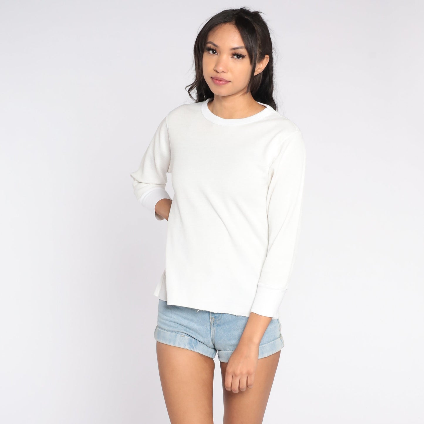90s White Waffle Knit Thermal Long Sleeve Shirt Medium M
