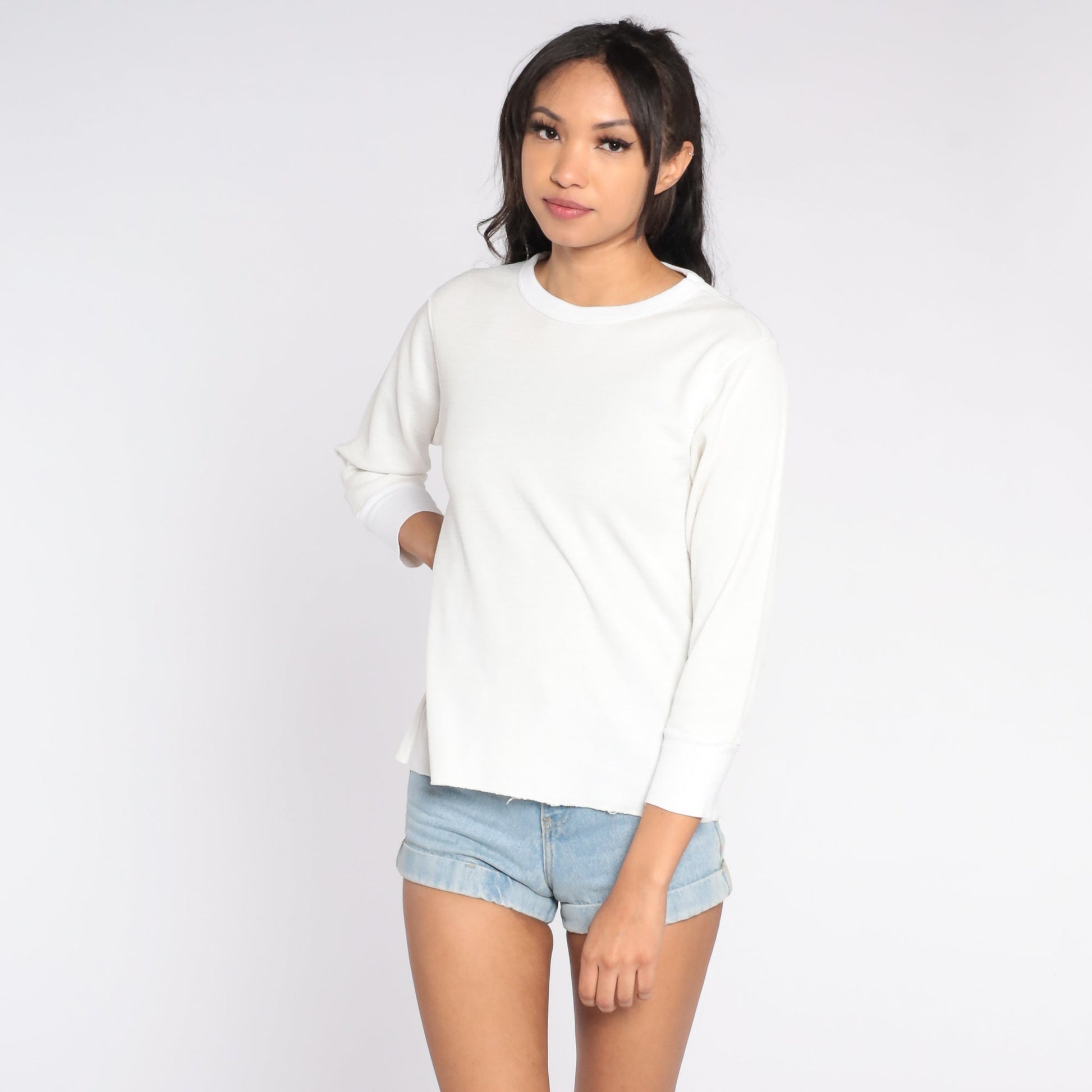 90s White Waffle Knit Thermal Long Sleeve Shirt Medium M