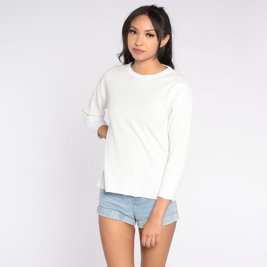 90s White Waffle Knit Thermal Long Sleeve Shirt Medium M