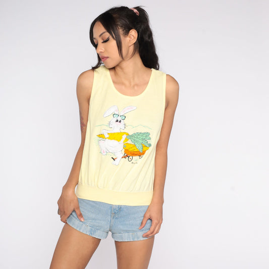 80s Yellow Fuzzy Bunny Tank Top Graphic Sleeveless Blouse Small