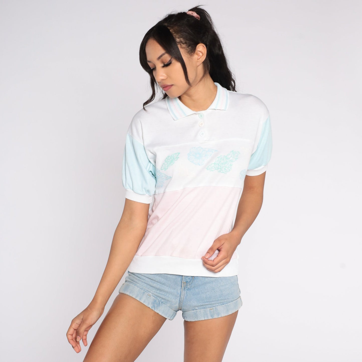 80s Pastel Floral Color Block Polo Shirt White Pink Blue Medium Large