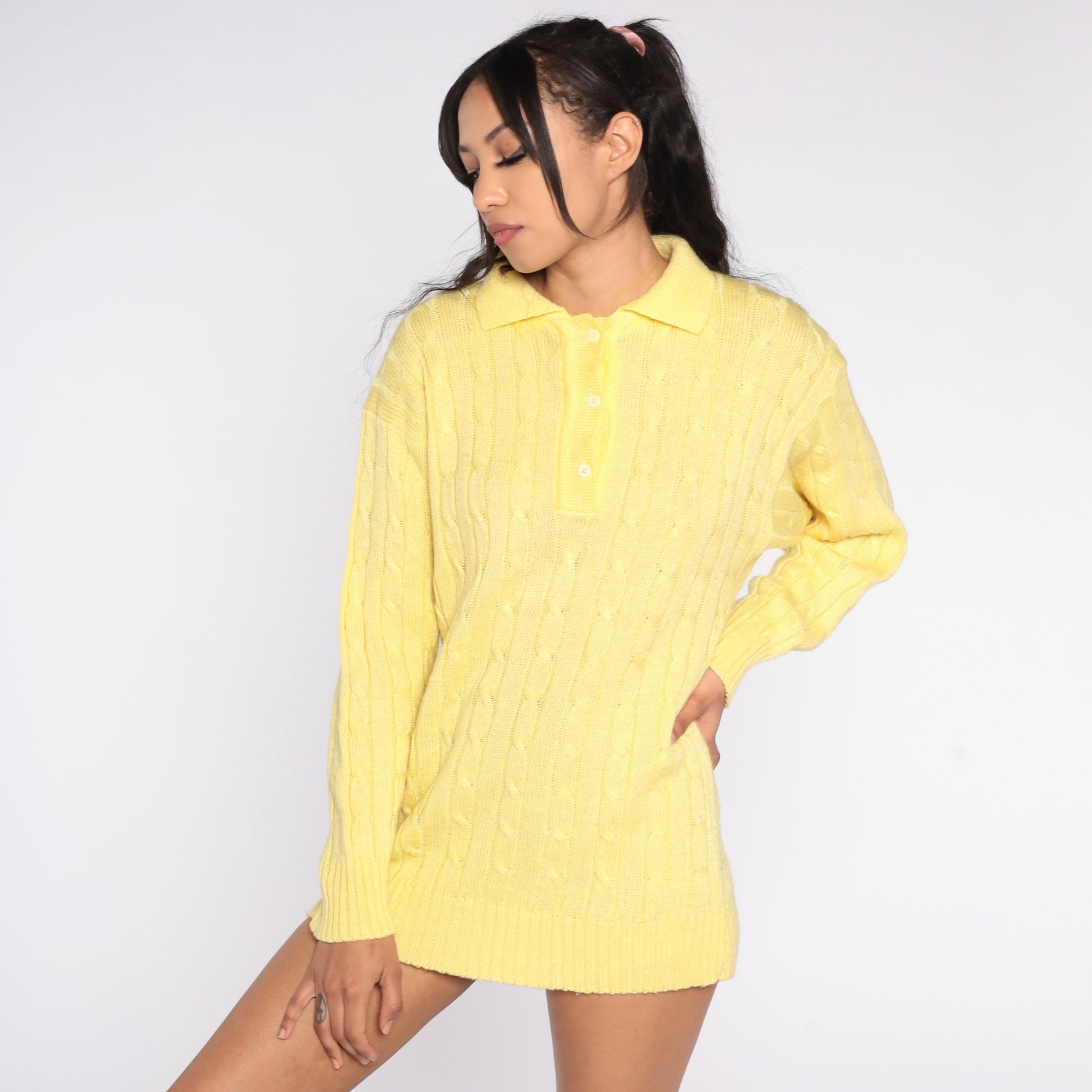 80s Diane Von Furstenberg Yellow Cable Knit Pullover Collared Sweater Large L