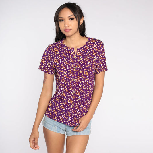 90s Purple Floral Button-Up Blouse Short Sleeve Shirt Large