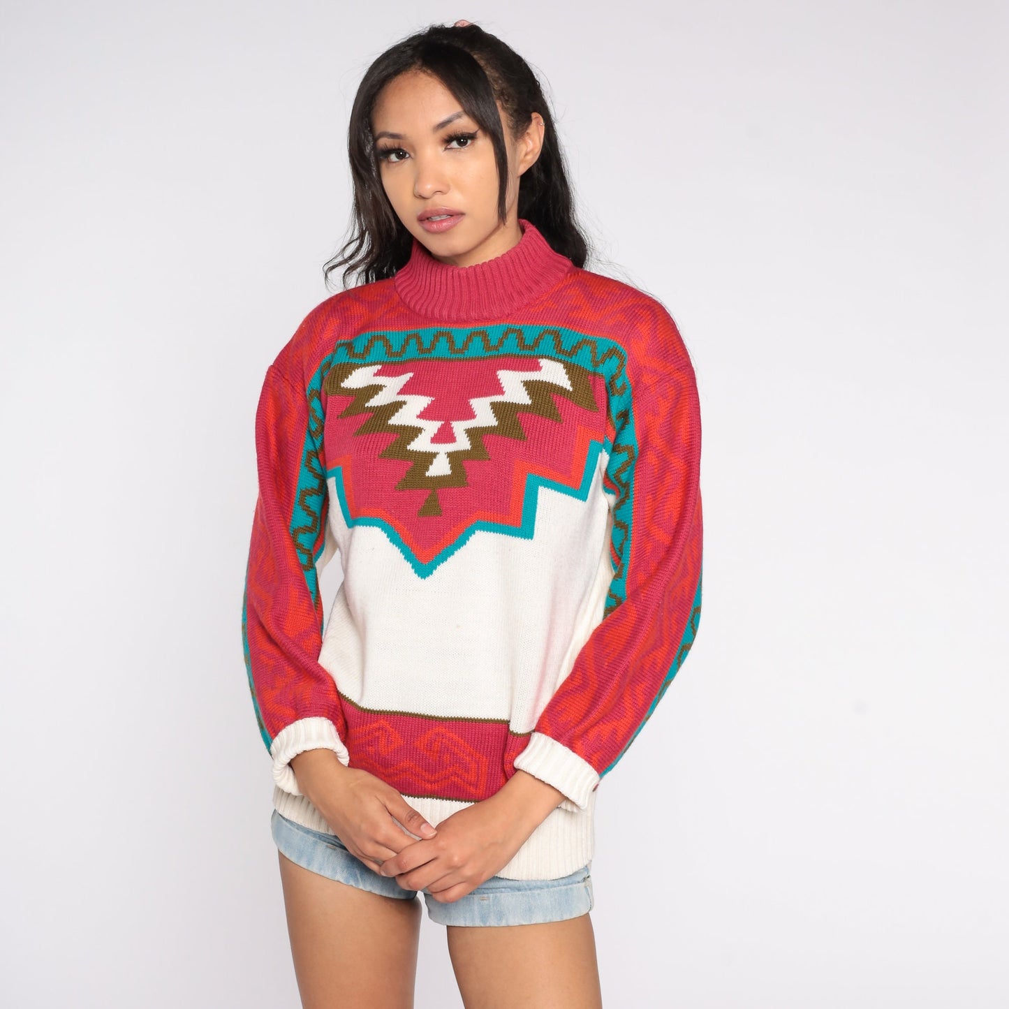 80s Southwestern Geometric Mock Neck Sweater Red Blue White Wool Blend Small