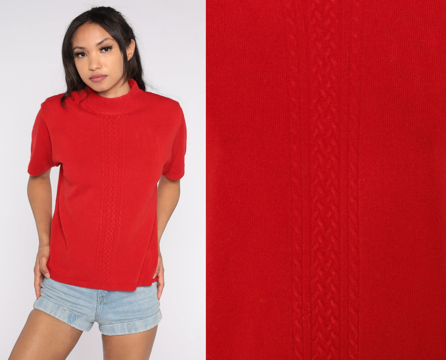 90s Red Knit Mock Neck Short Sleeve Top Medium M