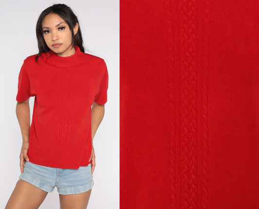 90s Red Knit Mock Neck Short Sleeve Top Medium M
