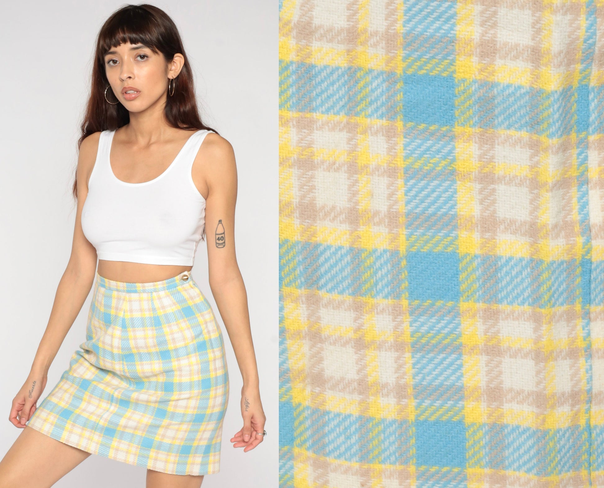 60s Yellow Blue Plaid Pencil Skirt High Waist Mini Mod Small