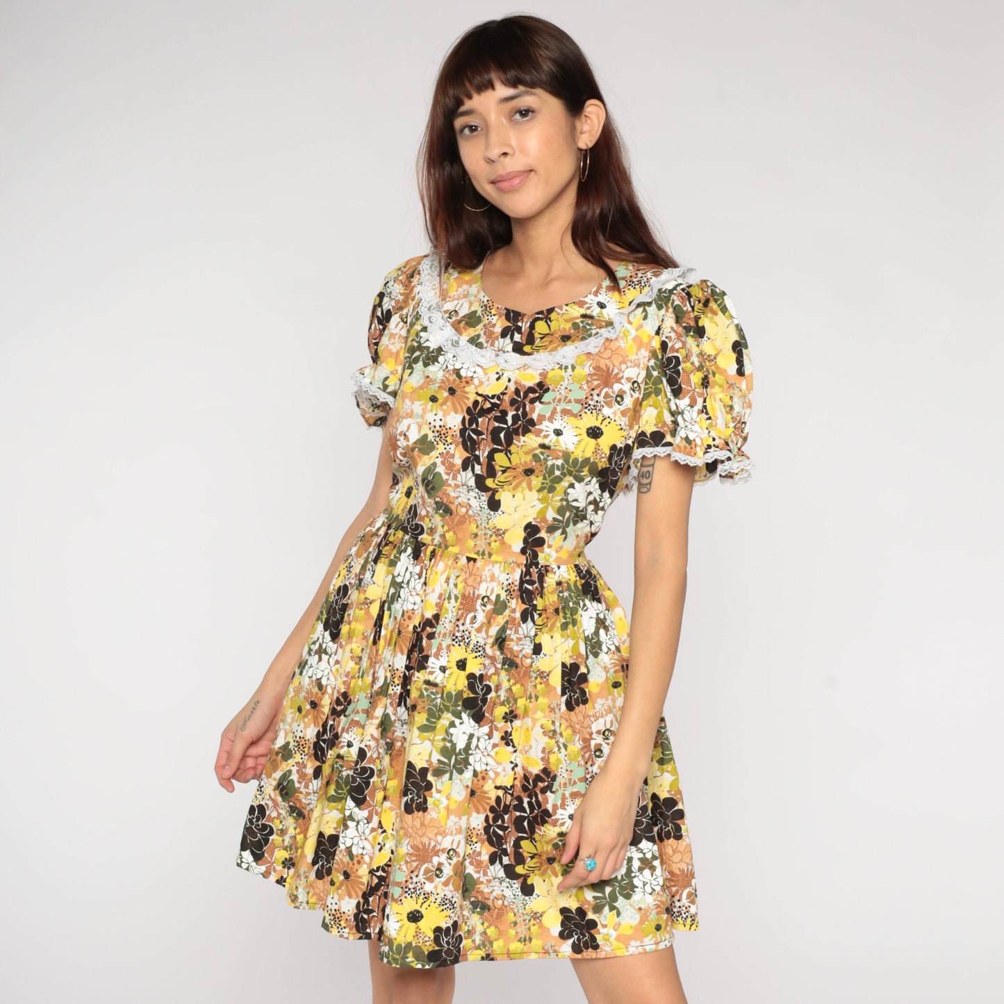 00s Floral Mini Dress Puff Sleeve High Waist Pleated Skirt Medium