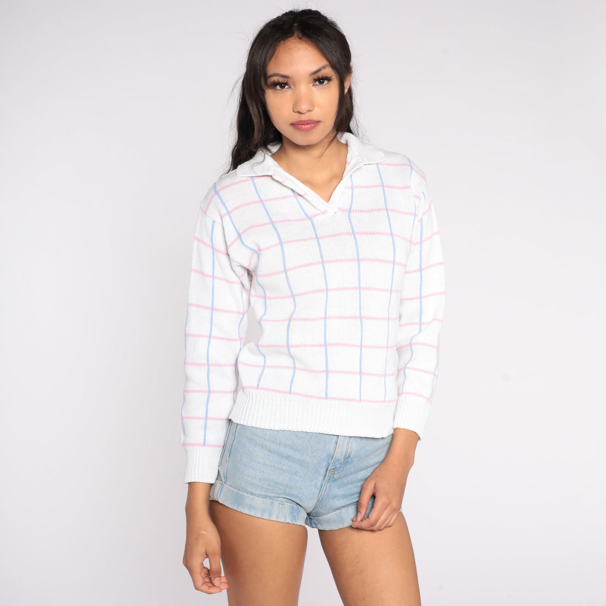 90s White Checkered Collared Sweater Blue Pink Cotton Ramie Knit Small