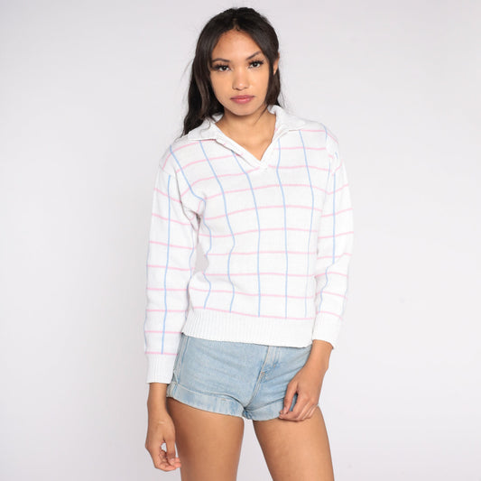 90s White Checkered Collared Sweater Blue Pink Cotton Ramie Knit Small