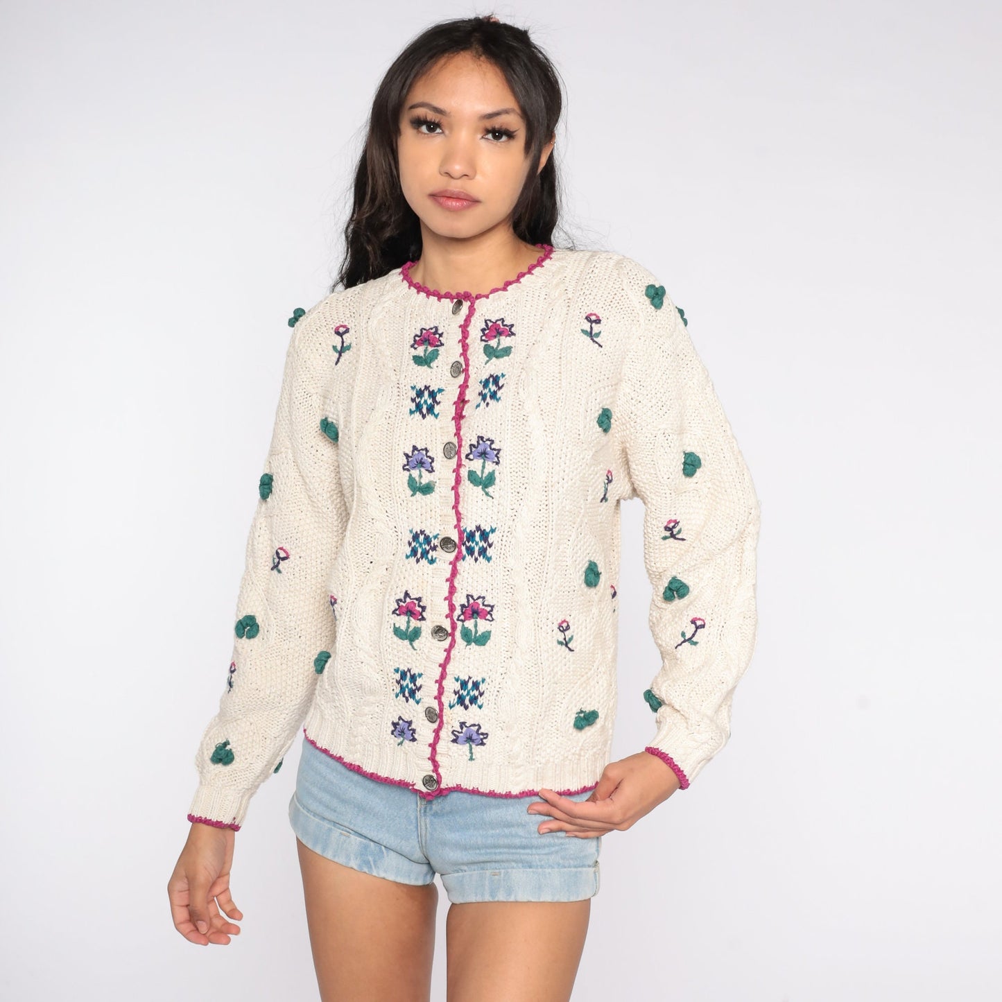 90s Cream Cable Knit Floral Cardigan Button Up Sweater Extra Large XXL