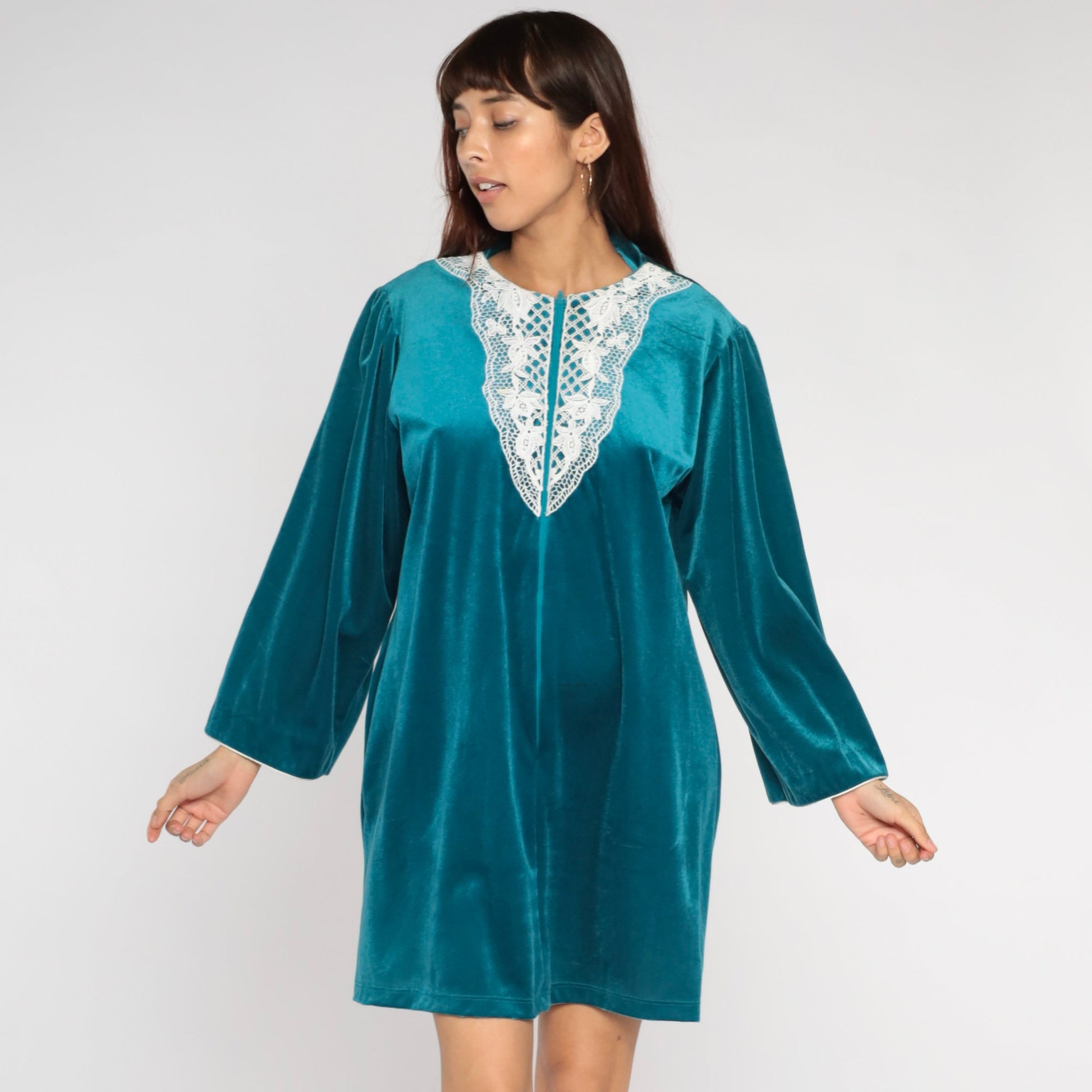 80s Teal Velour Mini Lounge Dress Floral Lace Bib Long Sleeve Zip Front Large L