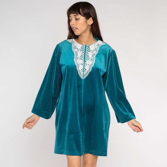 80s Teal Velour Mini Lounge Dress Floral Lace Bib Long Sleeve Zip Front Large L