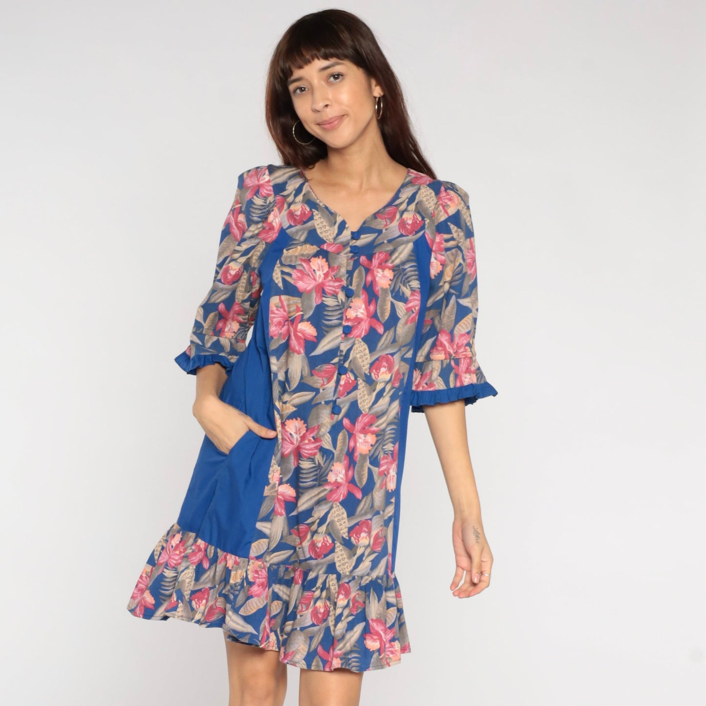 80s Tori Richard Tropical Floral Mini Dress Blue Button-Up Small