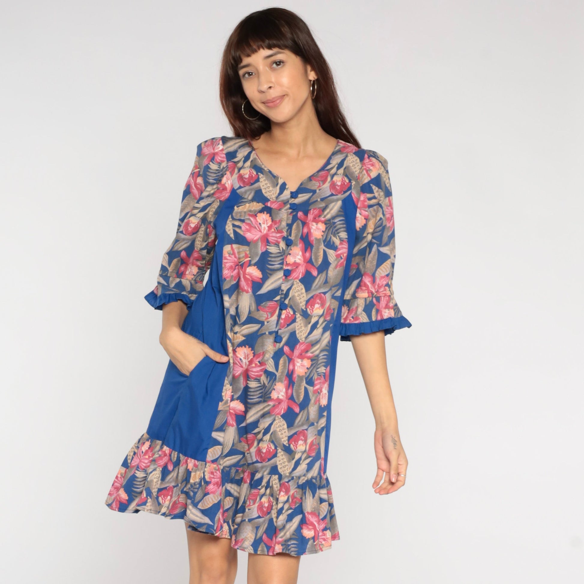 80s Tori Richard Tropical Floral Mini Dress Blue Button-Up Small