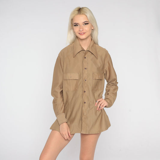 70s Tan Button Up Shirt Dagger Collar Long Sleeve Chest Pocket Men's Large