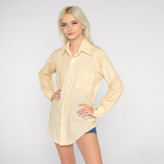 70s Yellow Geometric Striped Button-Up Shirt Pointed Collar Long Sleeve Medium