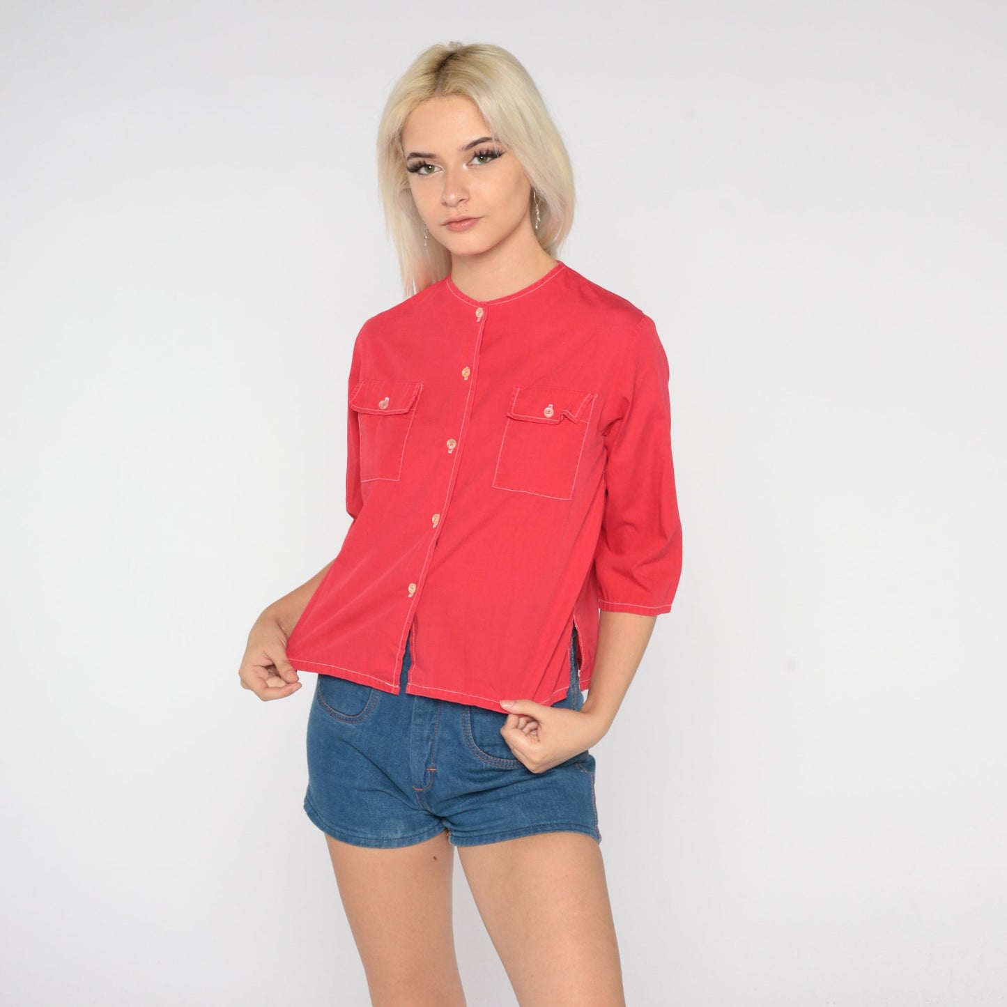 70s Red Button-Up Blouse Short Sleeve Chest Pockets Small